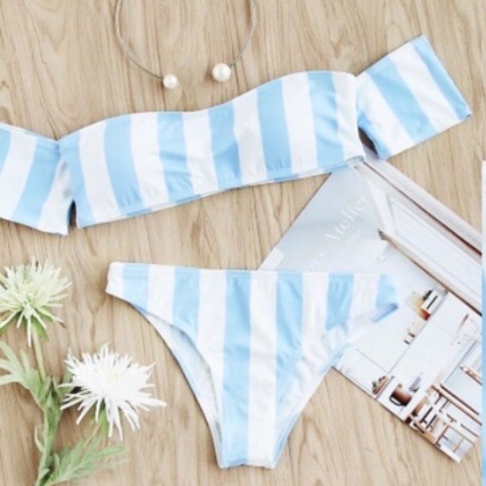 Blue and white striped bikini